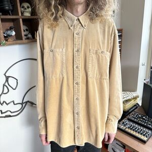 Vintage 90s Cabela's Faded Tan Chunky Grid Corduory Button Down Shirt ~ Size XL